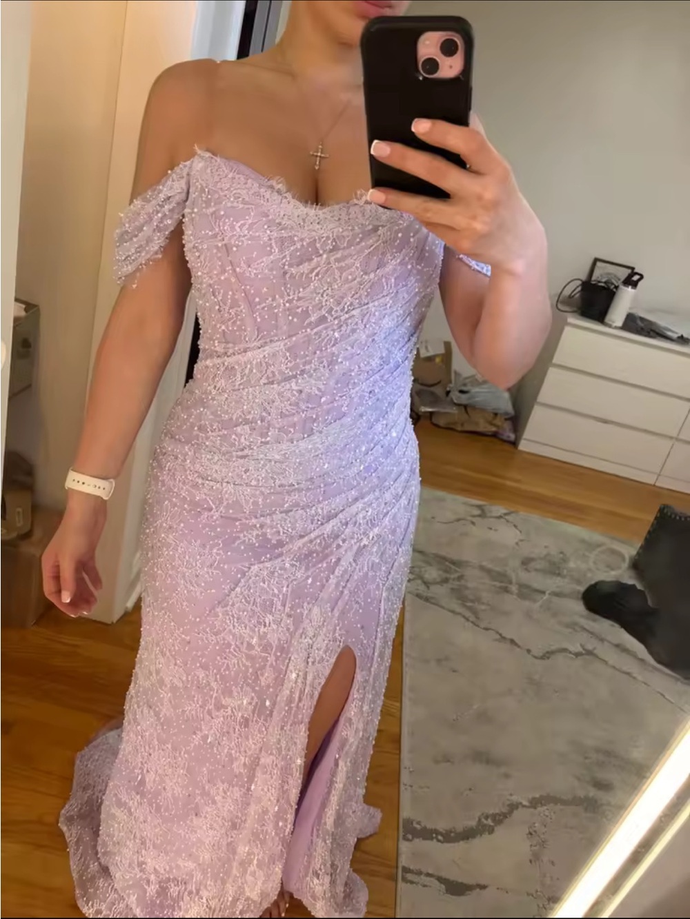Sansa Lilac Off-Shoulder Evening Gown Mermaid Side High Split Pleats